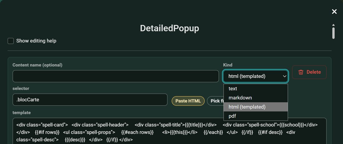 Detailed pop-up, the content it holds